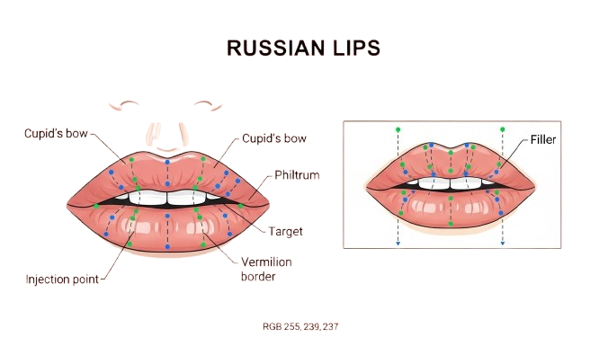 Russian lips filler technique enhancing lip shape and cupid’s bow