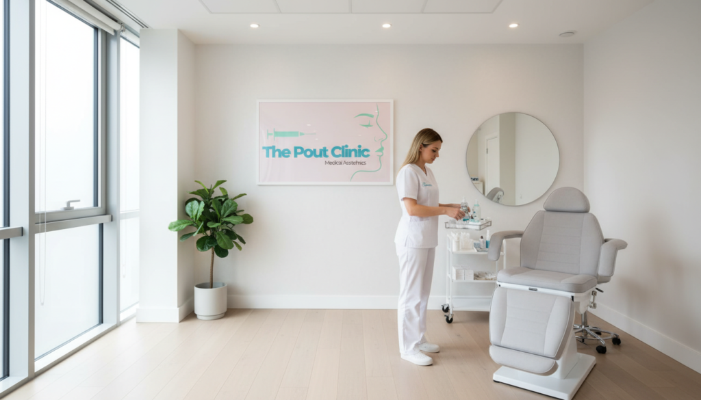 London aesthetic clinic interior showing non-surgical rhinoplasty consultation with practitioner preparing treatment