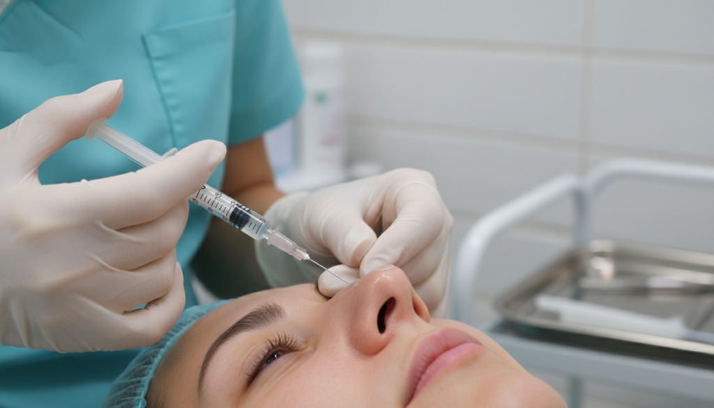 Close-up of dermal filler injection for non-surgical nose job in sterile London clinic setting