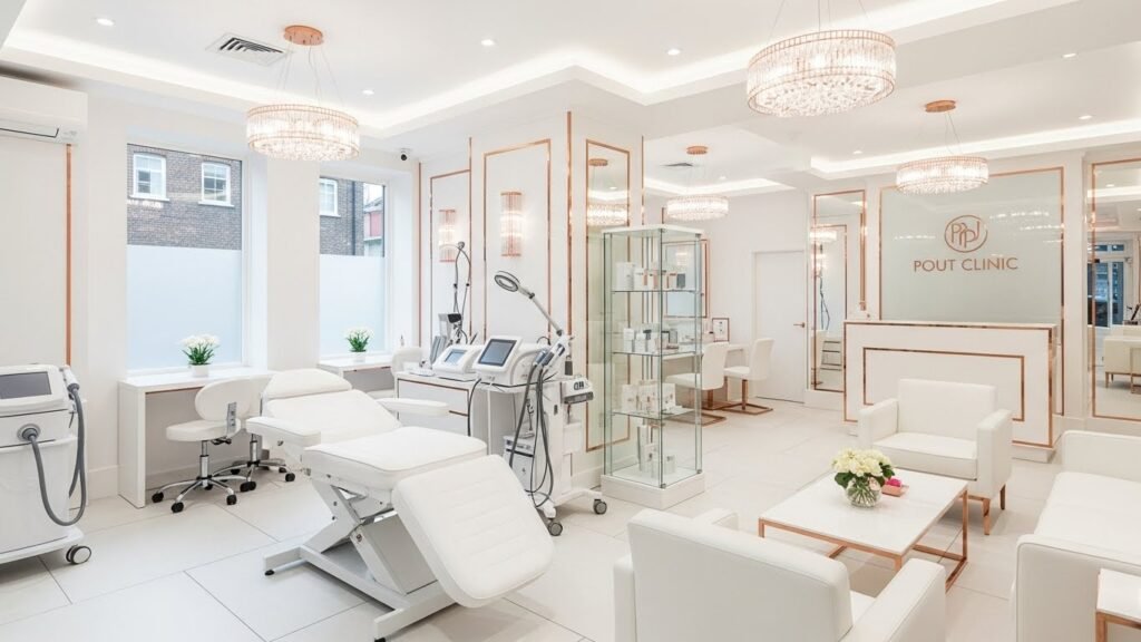 Luxury aesthetic clinic interior at Pout Clinic West Ealing London featuring modern medical treatment rooms.